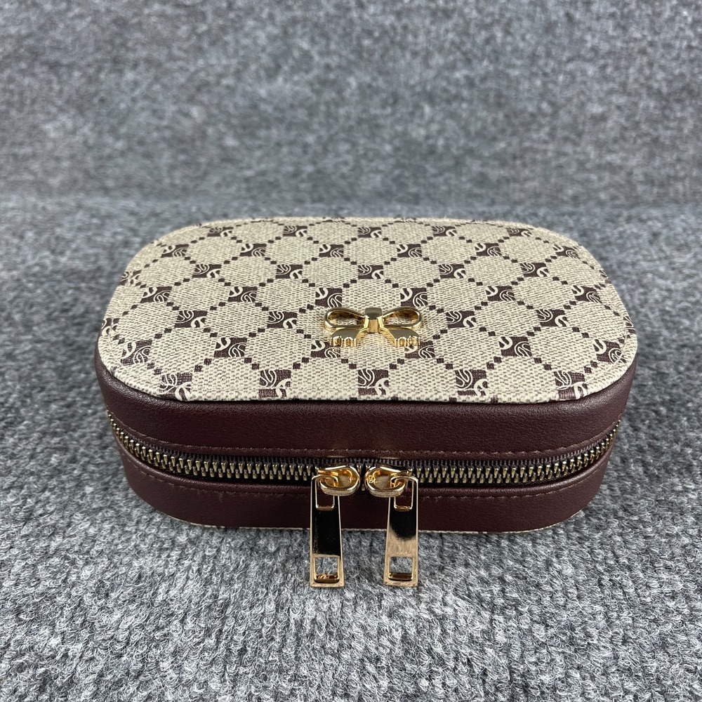 Travel Jewelry Case Box Organizer Brown Geometric Print Brown Gold Bow Accent